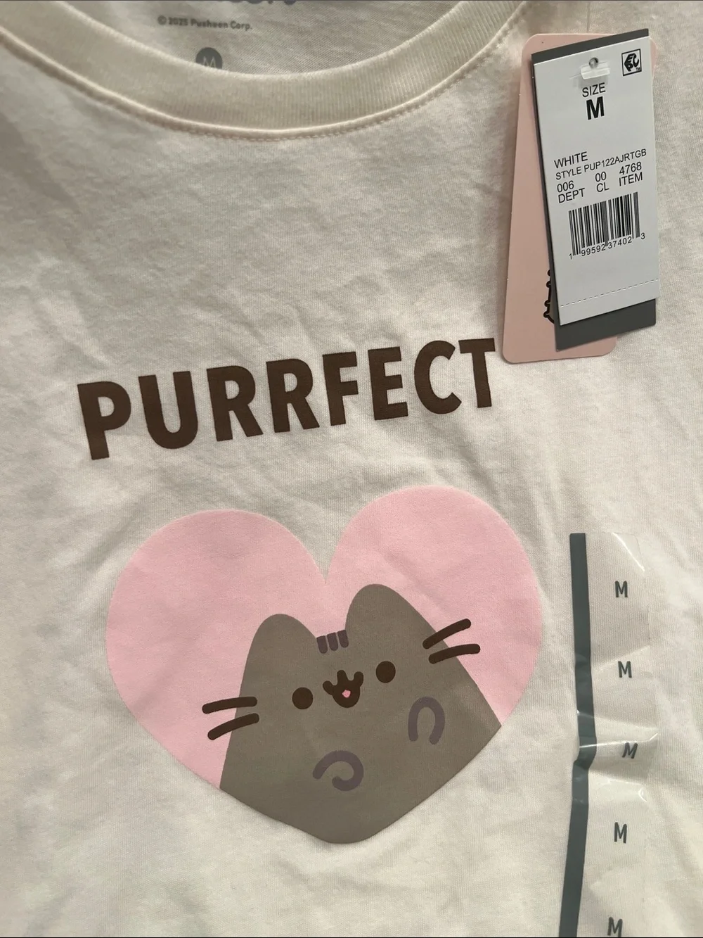 Pusheen Purrfect Heart Cat T-Shirt - White with Pink & Gray Graphic
